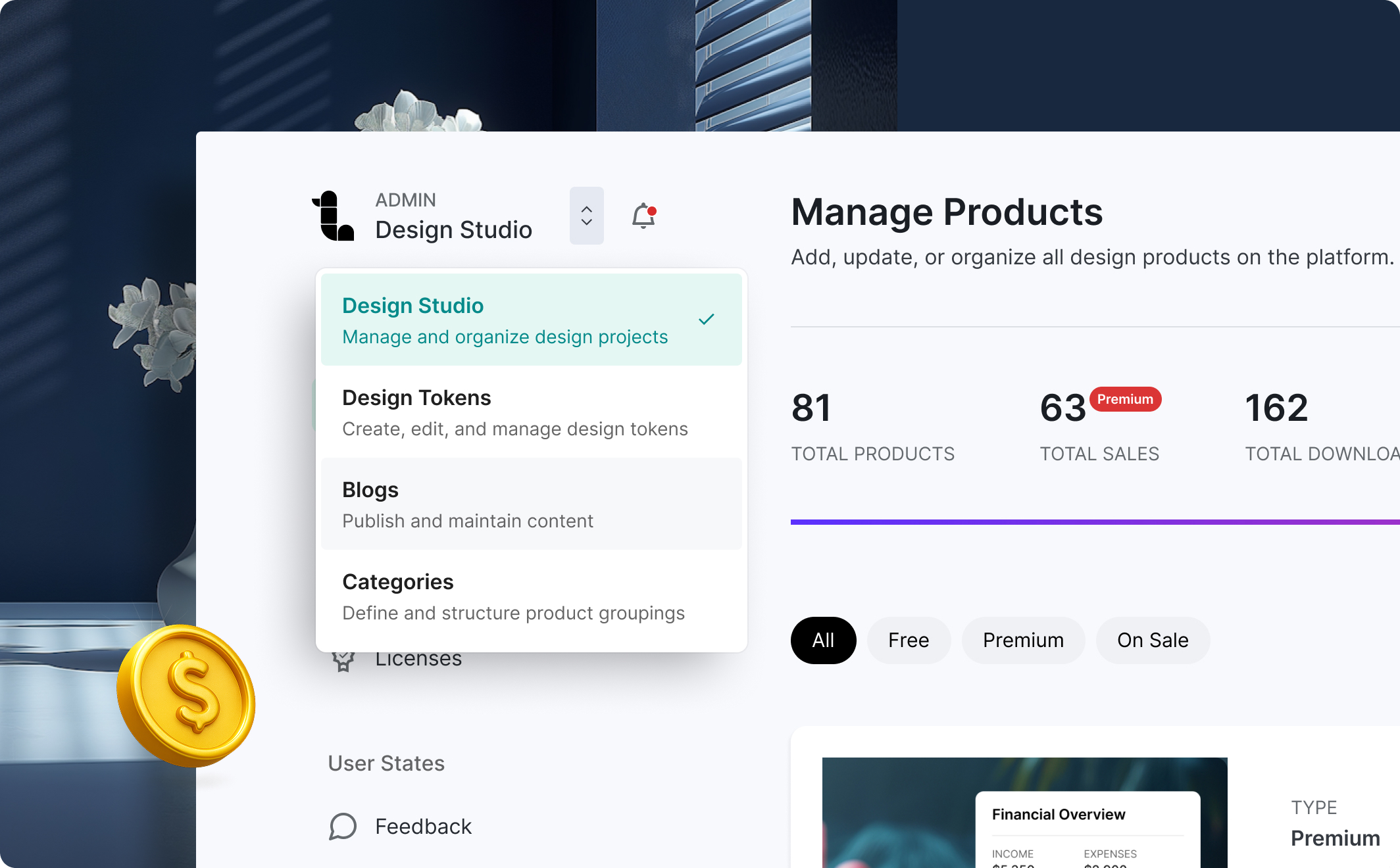 Modern Admin Dashboard UI Kit for Managing Design Content with Figma Tokens & Variants - Large Shot 3